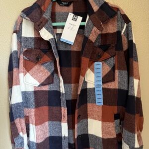 Plaid Teddy Jacket - Brown, Black, White